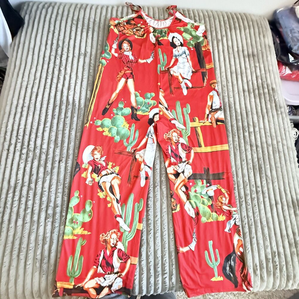 Unbranded Western Cowgirl Pinup Cactus Wide Leg Jumpsuit Red Women’s M